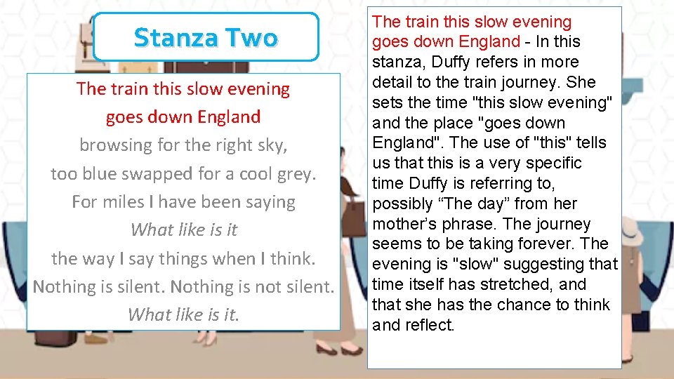 Stanza Two The train this slow evening goes down England browsing for the right