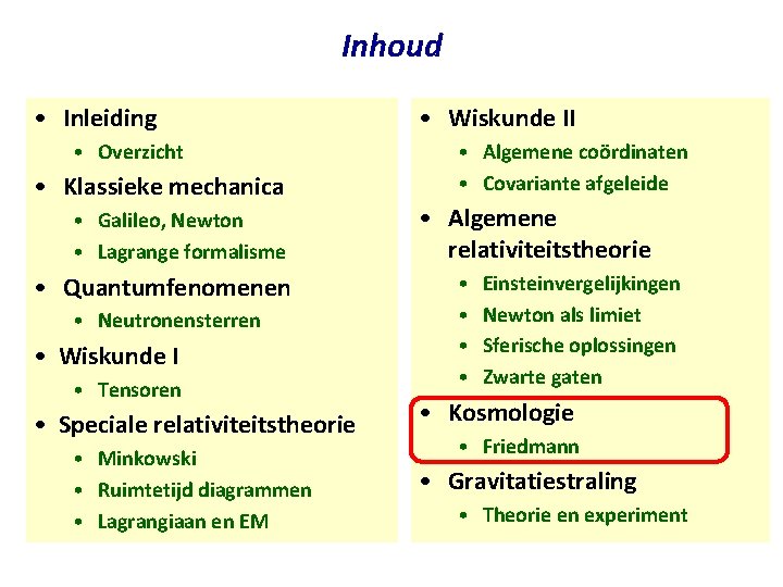 Inhoud • Inleiding • Wiskunde II • Overzicht • Algemene coördinaten • Covariante afgeleide