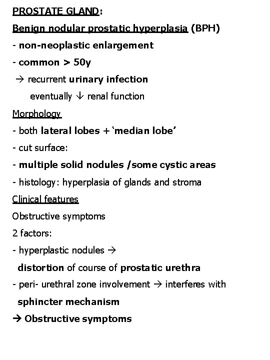 PROSTATE GLAND: Benign nodular prostatic hyperplasia (BPH) - non-neoplastic enlargement - common > 50