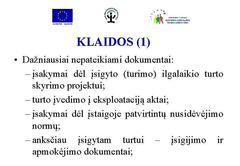 EUROPOS SĄJUNGA KLAIDOS (1) • Dažniausiai nepateikiami dokumentai: – įsakymai dėl įsigyto (turimo) ilgalaikio