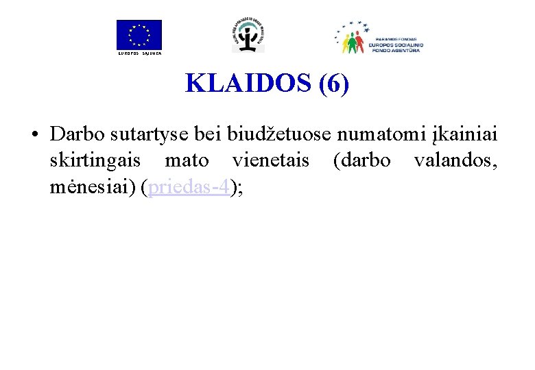 EUROPOS SĄJUNGA KLAIDOS (6) • Darbo sutartyse bei biudžetuose numatomi įkainiai skirtingais mato vienetais