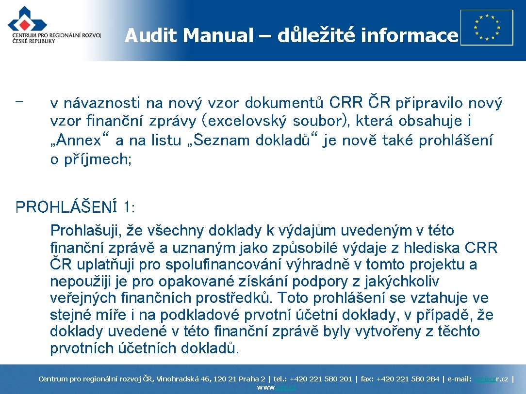 Audit Manual – důležité informace - v návaznosti na nový vzor dokumentů CRR ČR