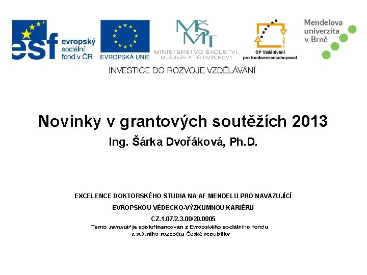 Novinky v grantových soutěžích 2013 Ing. Šárka Dvořáková, Ph. D. EXCELENCE DOKTORSKÉHO STUDIA NA