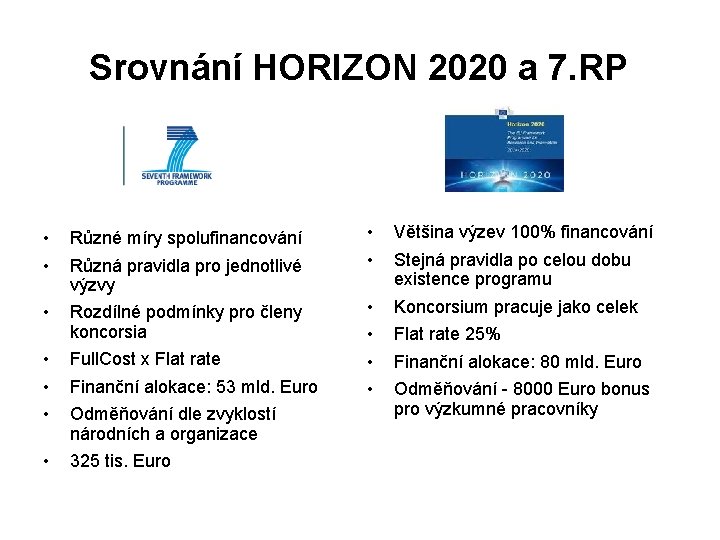 Srovnání HORIZON 2020 a 7. RP • • Různé míry spolufinancování • Rozdílné podmínky