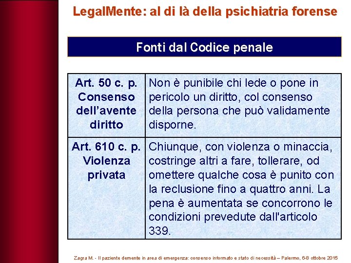 Legal. Mente: al di là della psichiatria forense Fonti dal Codice penale Art. 50