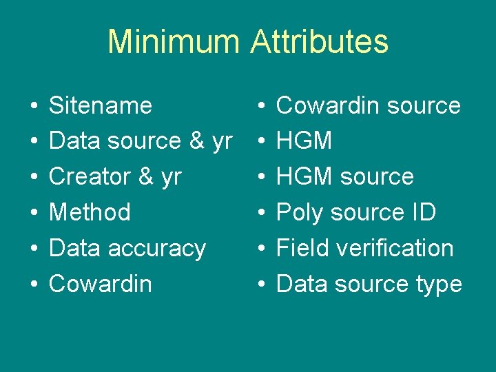 Minimum Attributes • • • Sitename Data source & yr Creator & yr Method