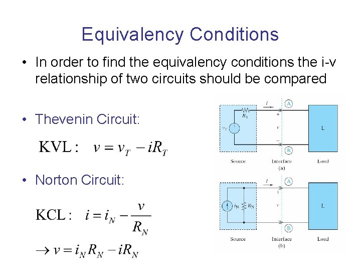 Equivalency Conditions • In order to find the equivalency conditions the i-v relationship of