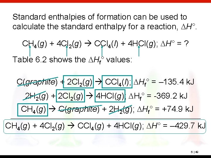 Standard enthalpies of formation can be used to calculate the standard enthalpy for a