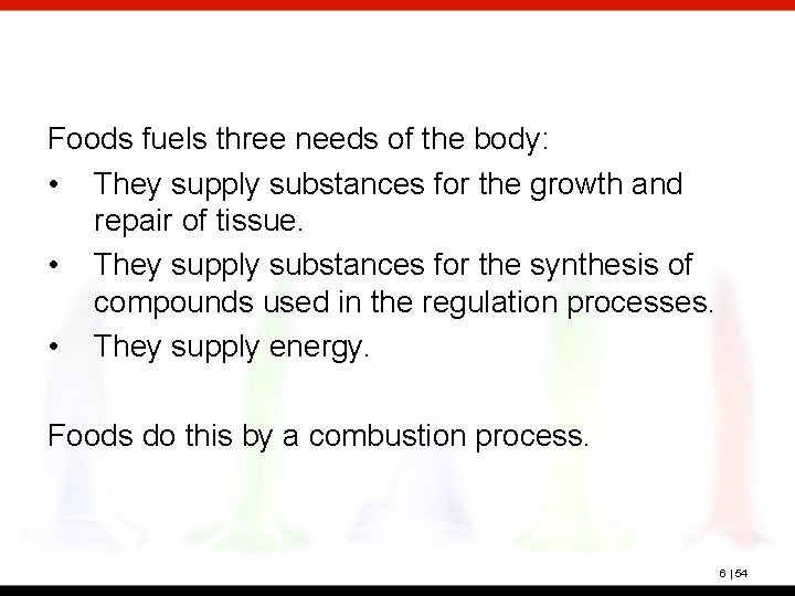 Foods fuels three needs of the body: • They supply substances for the growth