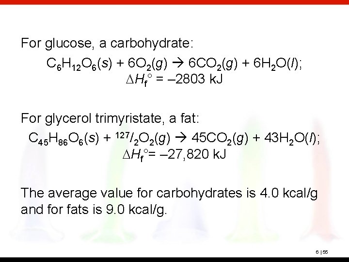 For glucose, a carbohydrate: C 6 H 12 O 6(s) + 6 O 2(g)