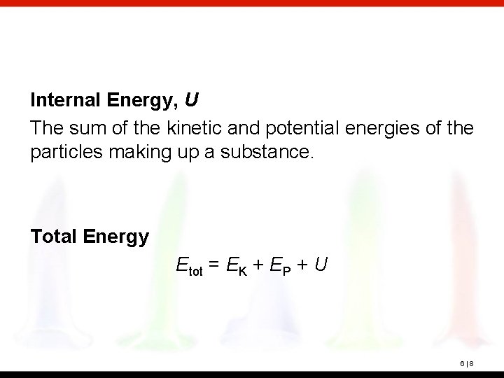 Internal Energy, U The sum of the kinetic and potential energies of the particles