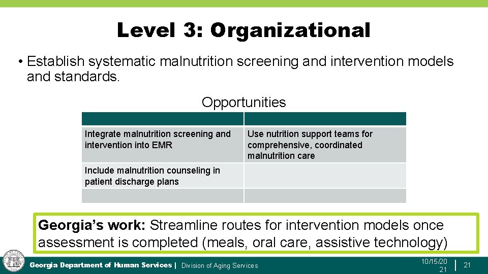 Level 3: Organizational • Establish systematic malnutrition screening and intervention models and standards. Opportunities