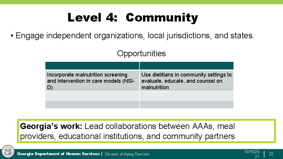 Level 4: Community • Engage independent organizations, local jurisdictions, and states. Opportunities Incorporate malnutrition