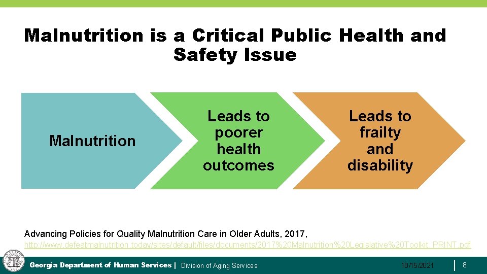 Malnutrition is a Critical Public Health and Safety Issue Malnutrition Leads to poorer health