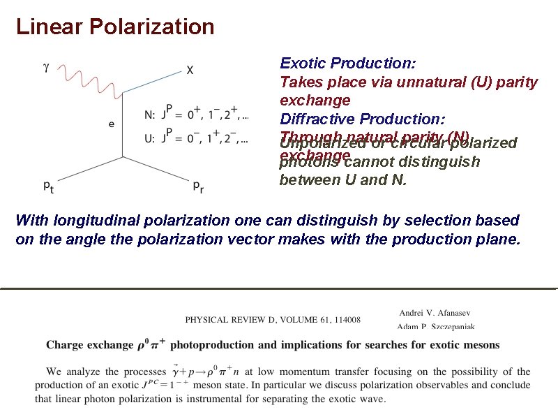 Linear Polarization Exotic Production: Takes place via unnatural (U) parity exchange Diffractive Production: Through