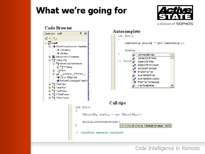 What we’re going for Code Browser Autocomplete Call tips Code Intelligence in Komodo 