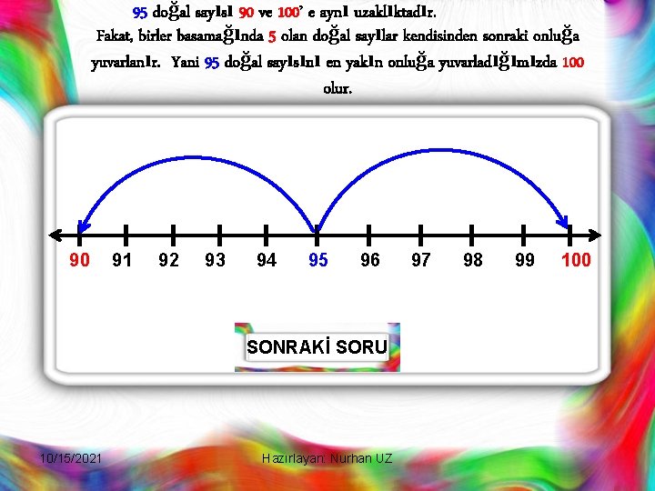 95 doğal sayısı 90 ve 100’ e aynı uzaklıktadır. Fakat, birler basamağında 5 olan