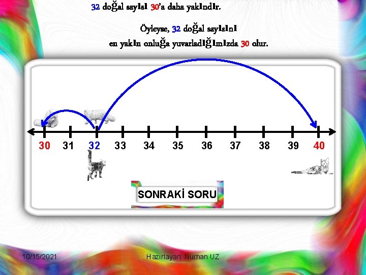 32 doğal sayısı 30’a daha yakındır. Öyleyse, 32 doğal sayısını en yakın onluğa yuvarladığımızda