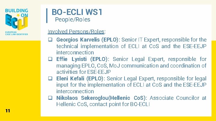 BO-ECLI WS 1 People/Roles Involved Persons/Roles: q Georgios Karvelis (EPLO): Senior IT Expert, responsible