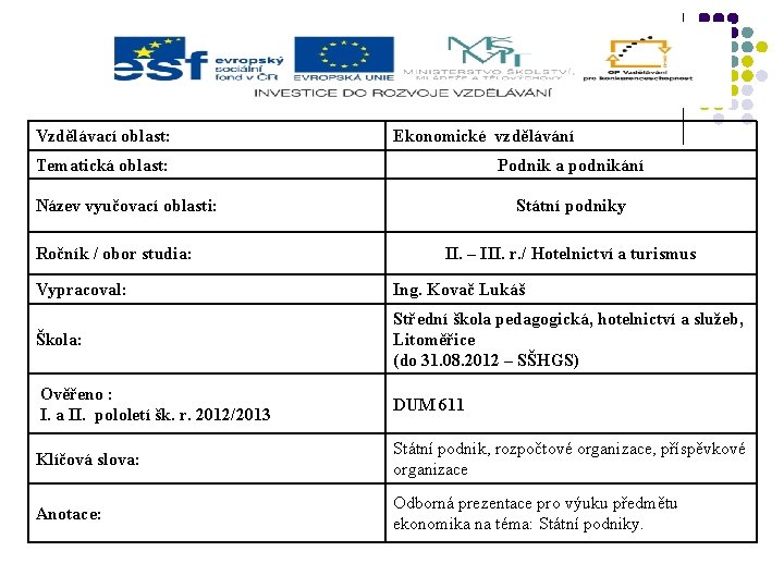 Vzdělávací oblast: Ekonomické vzdělávání Tematická oblast: Podnik a podnikání Název vyučovací oblasti: Ročník /