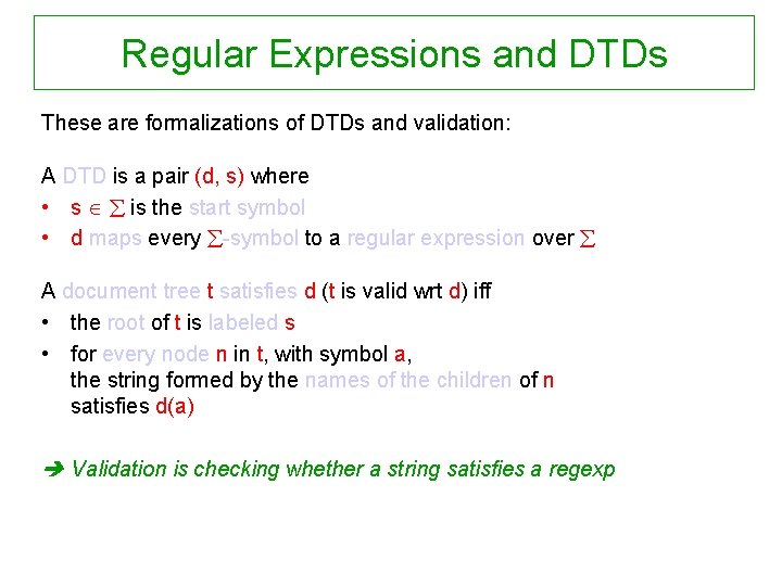 Regular Expressions and DTDs These are formalizations of DTDs and validation: A DTD is