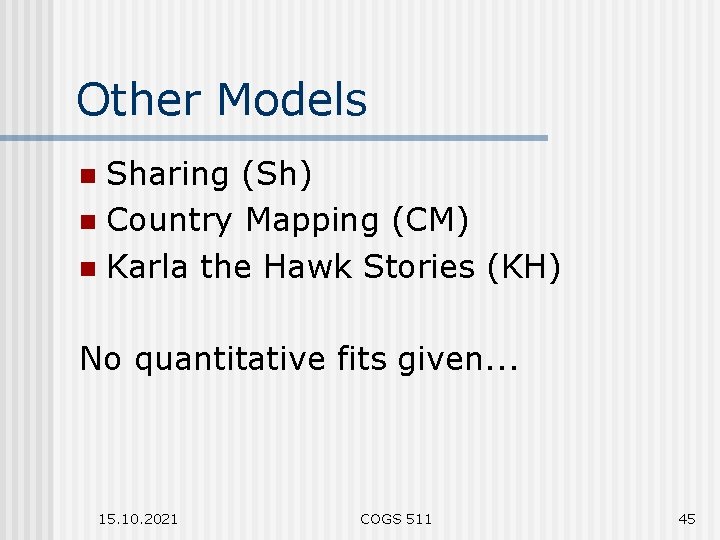 Other Models Sharing (Sh) n Country Mapping (CM) n Karla the Hawk Stories (KH)