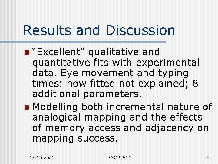 Results and Discussion “Excellent” qualitative and quantitative fits with experimental data. Eye movement and