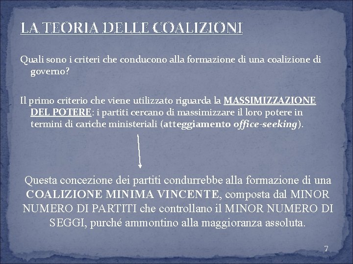 LA TEORIA DELLE COALIZIONI Quali sono i criteri che conducono alla formazione di una