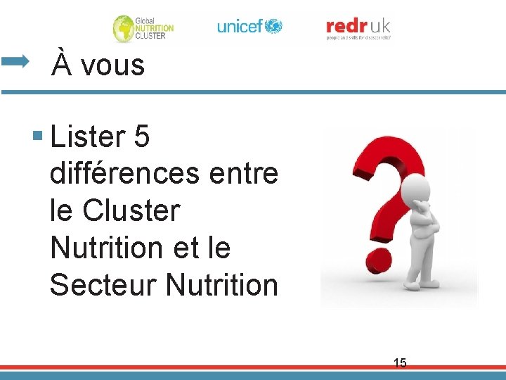 À vous § Lister 5 différences entre le Cluster Nutrition et le Secteur Nutrition