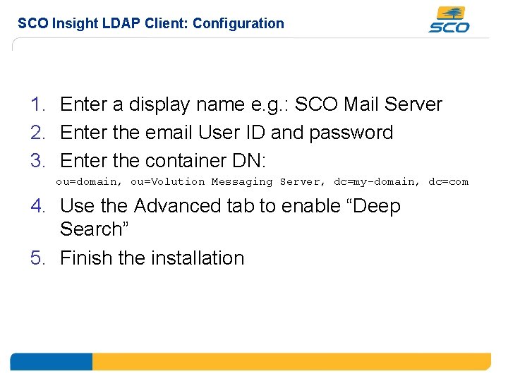 SCO Insight LDAP Client: Configuration 1. Enter a display name e. g. : SCO