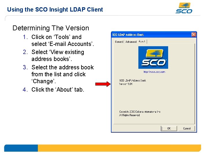 Using the SCO Insight LDAP Client Determining The Version 1. Click on ‘Tools’ and