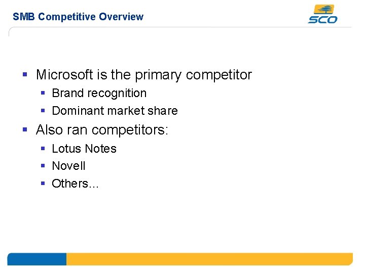 SMB Competitive Overview § Microsoft is the primary competitor § Brand recognition § Dominant