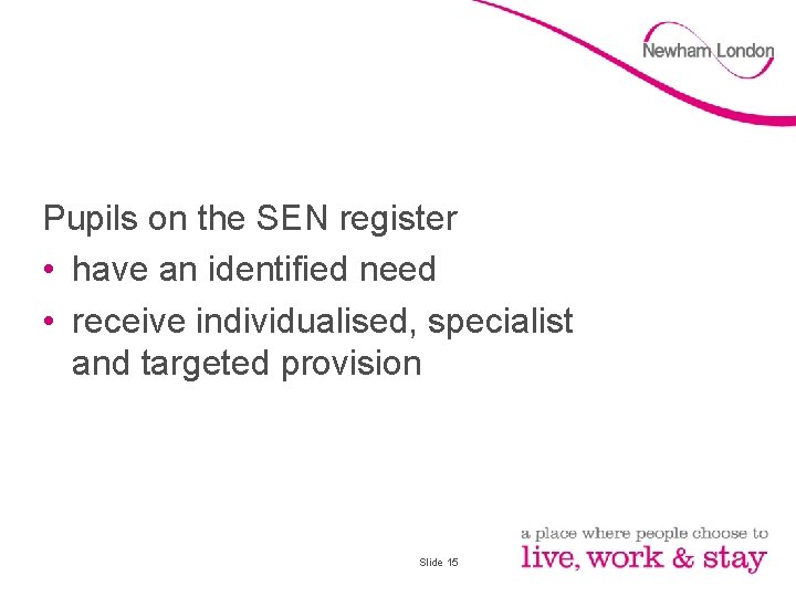 Pupils on the SEN register • have an identified need • receive individualised, specialist