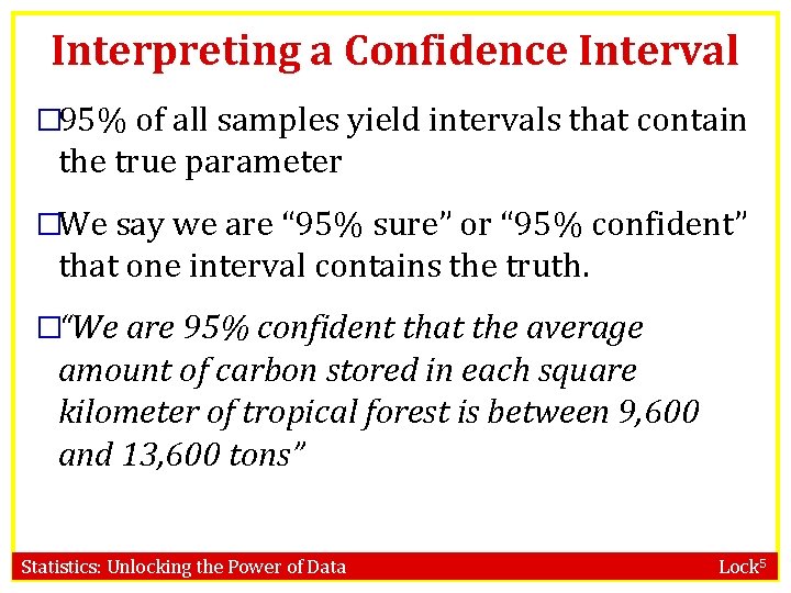 Interpreting a Confidence Interval � 95% of all samples yield intervals that contain the