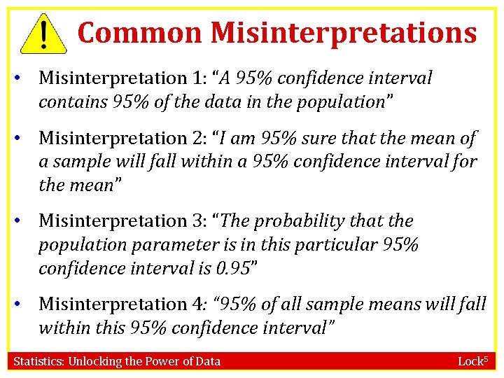 Common Misinterpretations • Misinterpretation 1: “A 95% confidence interval contains 95% of the data