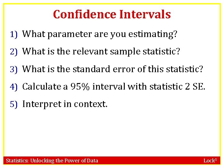 Confidence Intervals 1) What parameter are you estimating? 2) What is the relevant sample