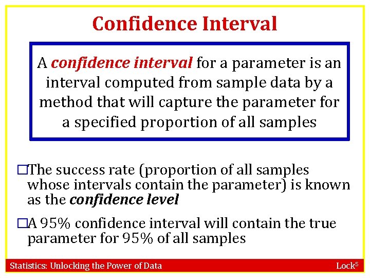 Confidence Interval A confidence interval for a parameter is an interval computed from sample