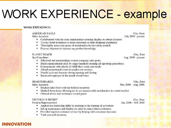WORK EXPERIENCE - example 
