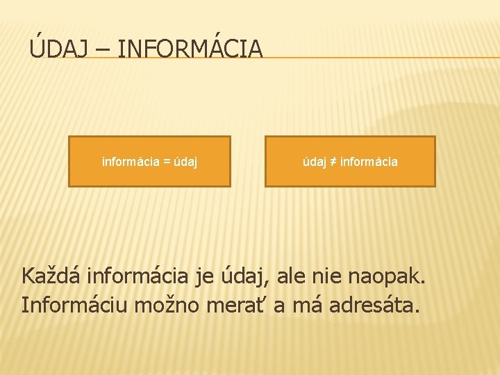 ÚDAJ – INFORMÁCIA informácia = údaj ≠ informácia Každá informácia je údaj, ale nie