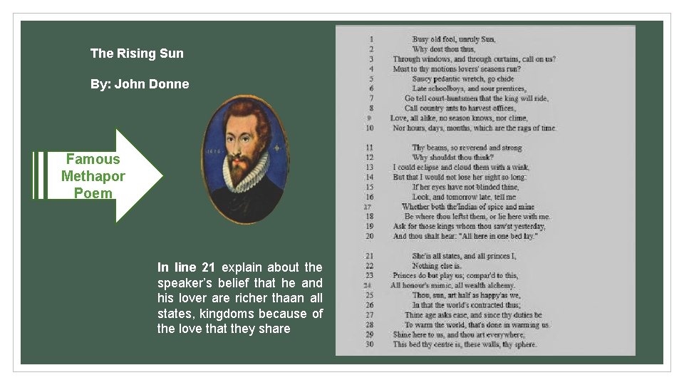 The Rising Sun By: John Donne Famous Methapor Poem In line 21 explain about