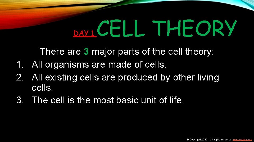 DAY 1 CELL THEORY There are 3 major parts of the cell theory: 1.