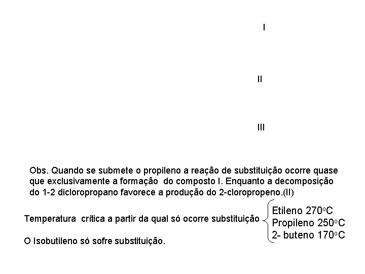 I SUBSTITUIÇÃO X ADIÇÃO II III Obs. Quando se submete o propileno a reação