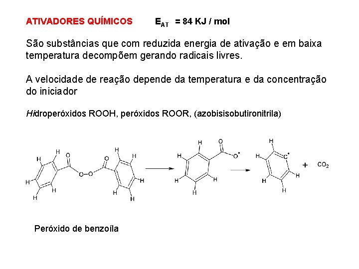 ATIVADORES QUÍMICOS EAT = 84 KJ / mol São substâncias que com reduzida energia