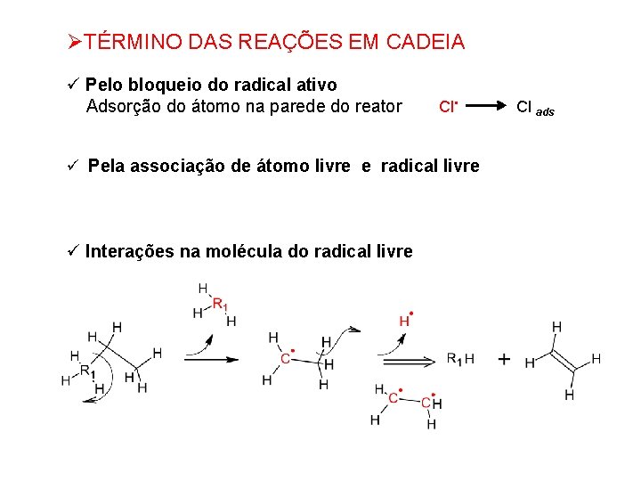 ØTÉRMINO DAS REAÇÕES EM CADEIA ü Pelo bloqueio do radical ativo Adsorção do átomo