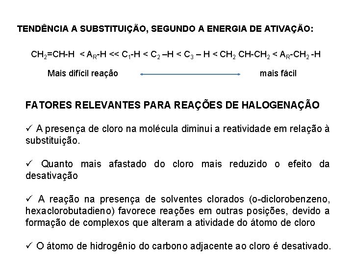 TENDÊNCIA A SUBSTITUIÇÃO, SEGUNDO A ENERGIA DE ATIVAÇÃO: CH 2=CH-H < AR-H << C