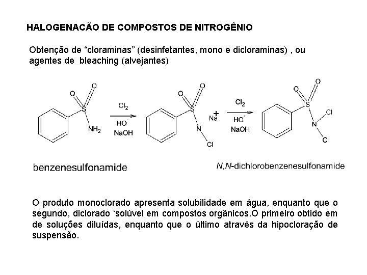 HALOGENACÃO DE COMPOSTOS DE NITROGÊNIO Obtenção de “cloraminas” (desinfetantes, mono e dicloraminas) , ou