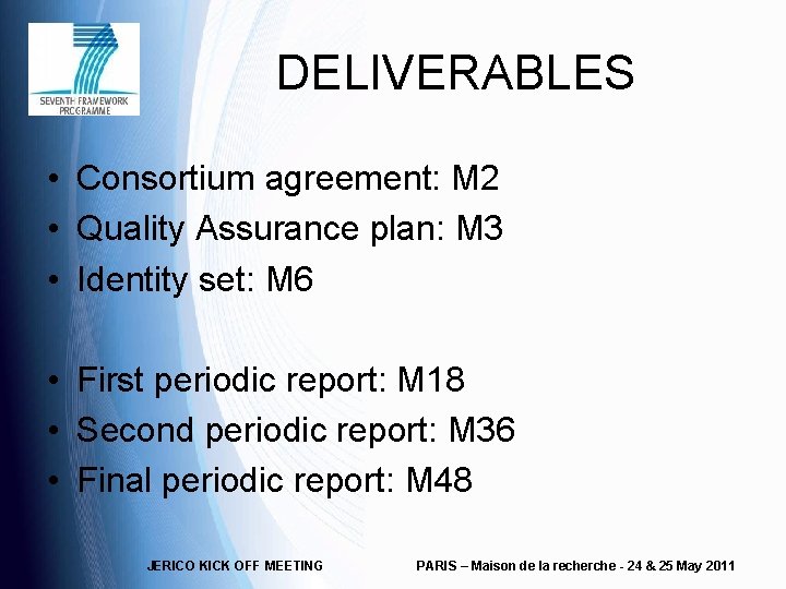 DELIVERABLES • Consortium agreement: M 2 • Quality Assurance plan: M 3 • Identity
