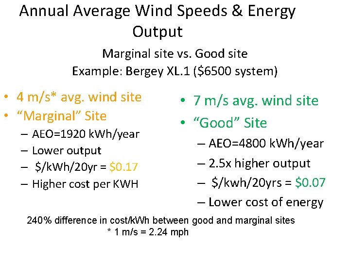 Annual Average Wind Speeds & Energy Output Marginal site vs. Good site Example: Bergey