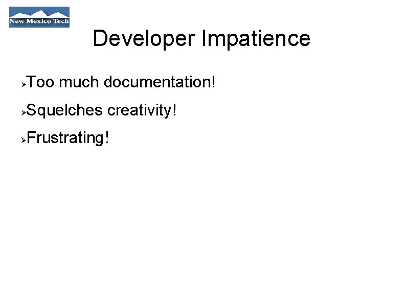 Developer Impatience Too much documentation! Squelches creativity! Frustrating! 