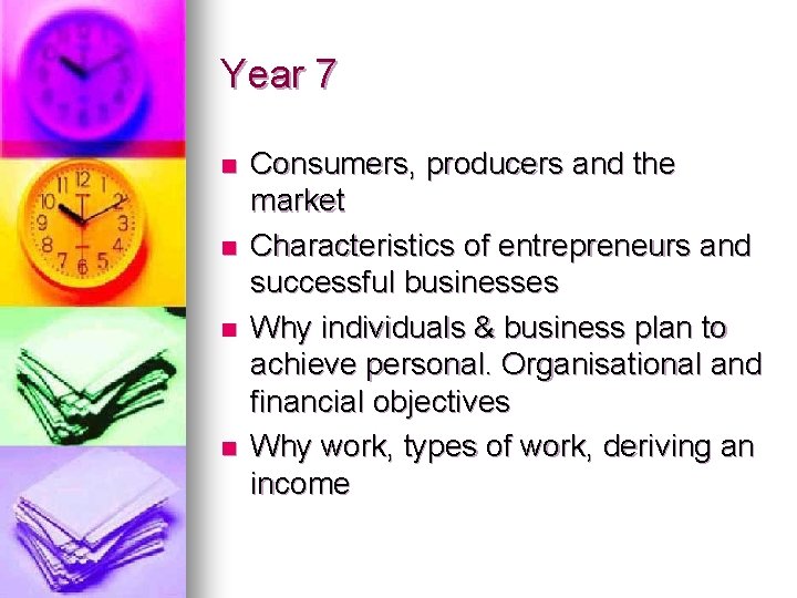 Year 7 n n Consumers, producers and the market Characteristics of entrepreneurs and successful
